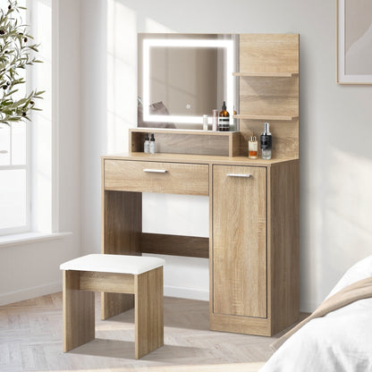 Oikiture Dressing Table Stool Set LED Light Large Cabinet Natural-Dressing Table-PEROZ Accessories
