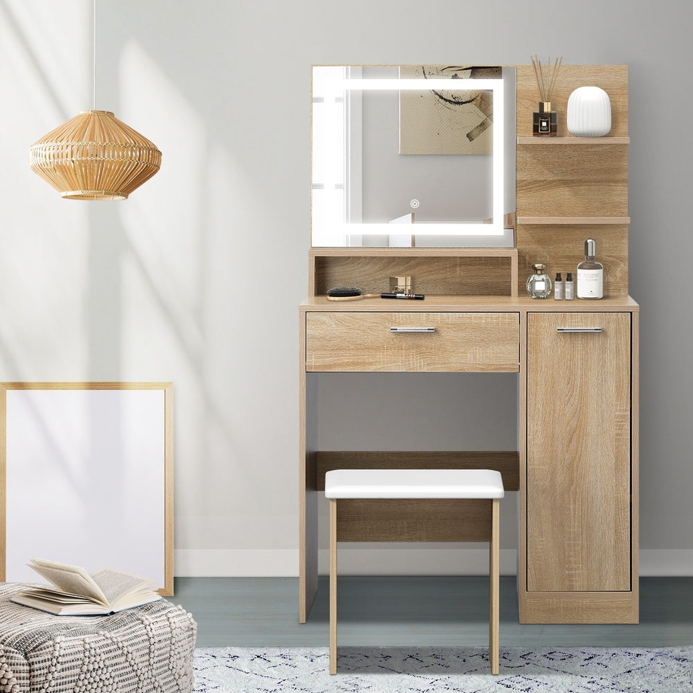 Oikiture Dressing Table Stool Set LED Light Large Cabinet Natural-Dressing Table-PEROZ Accessories