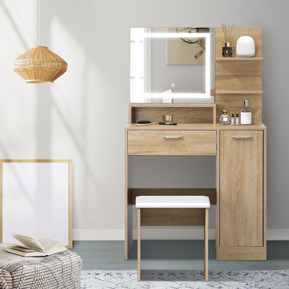 Oikiture Dressing Table Stool Set LED Light Large Cabinet Natural-Dressing Table-PEROZ Accessories
