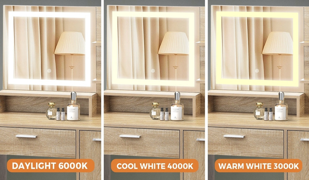 Oikiture Dressing Table Stool Set LED Light Large Cabinet Natural-Dressing Table-PEROZ Accessories