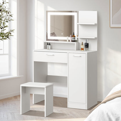 Oikiture Dressing Table Stool Set LED Light Large Cabinet White-Dressing Table-PEROZ Accessories