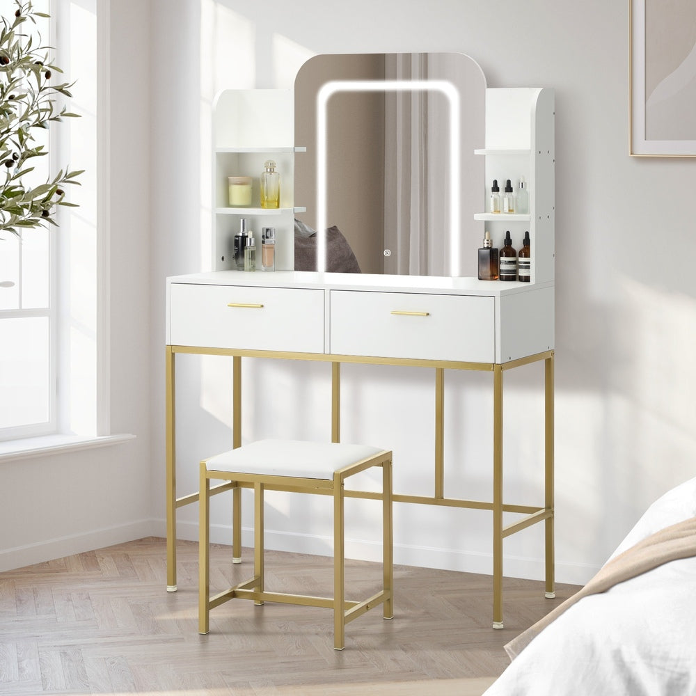 Oikiture Dressing Table Stool Set LED Mirror Vanity Desk White Gold-Dressing Table-PEROZ Accessories