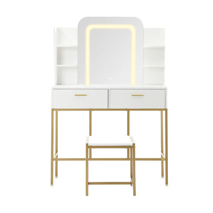 Oikiture Dressing Table Stool Set LED Mirror Vanity Desk White Gold-Dressing Table-PEROZ Accessories