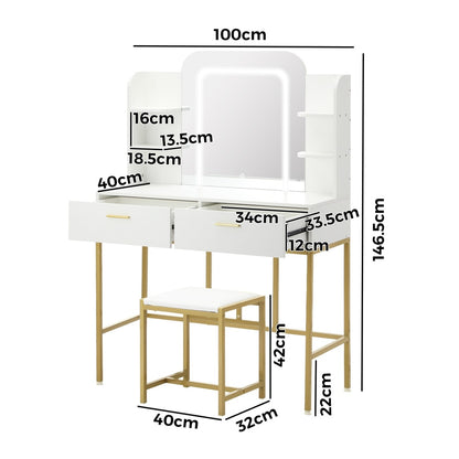 Oikiture Dressing Table Stool Set LED Mirror Vanity Desk White Gold-Dressing Table-PEROZ Accessories