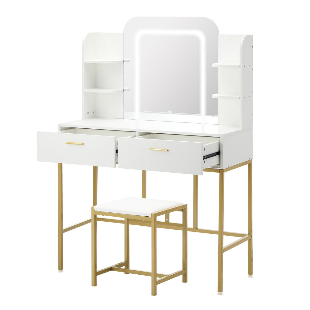 Oikiture Dressing Table Stool Set LED Mirror Vanity Desk White Gold-Dressing Table-PEROZ Accessories