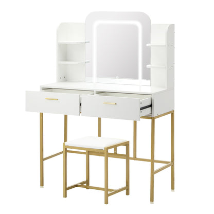 Oikiture Dressing Table Stool Set LED Mirror Vanity Desk White Gold-Dressing Table-PEROZ Accessories