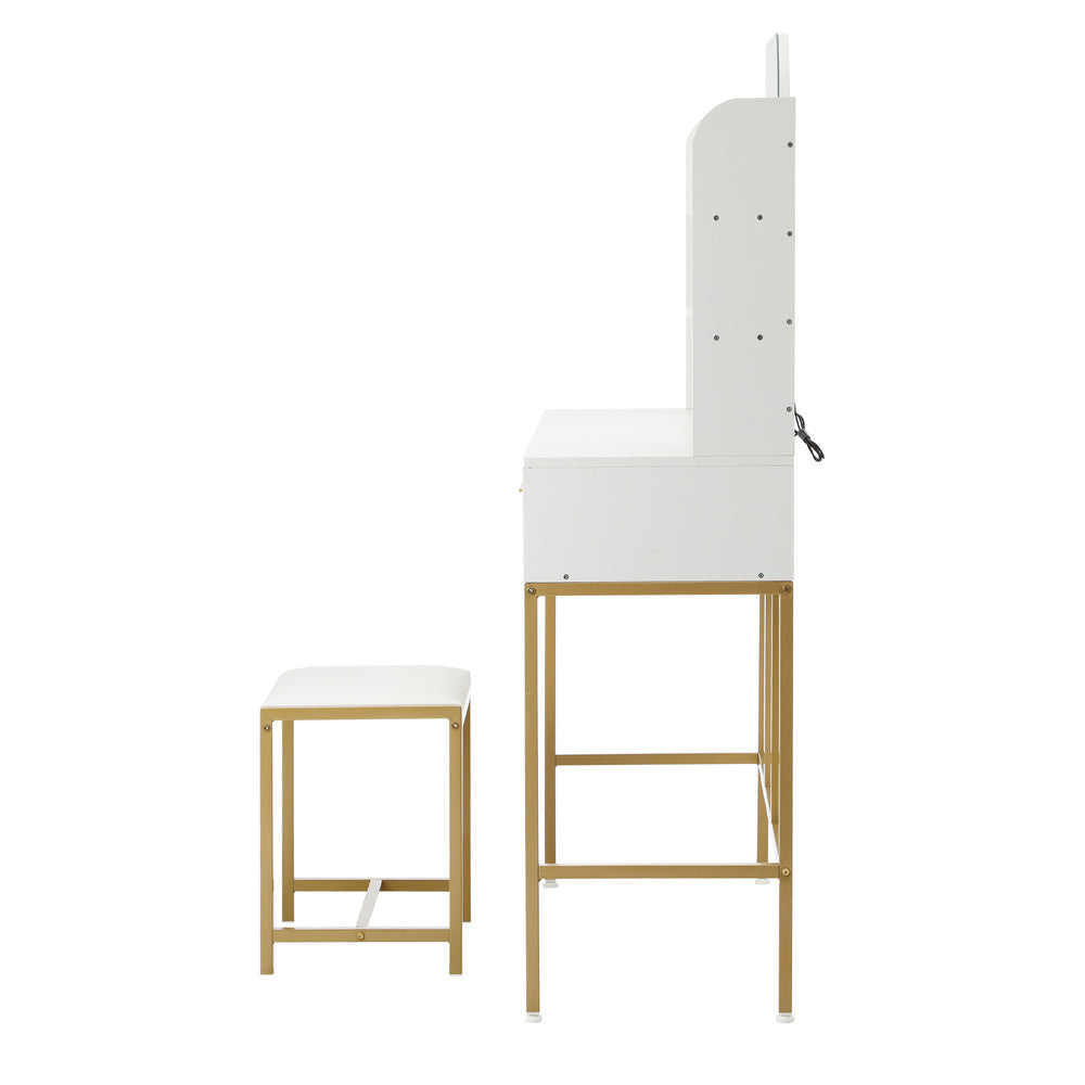 Oikiture Dressing Table Stool Set LED Mirror Vanity Desk White Gold-Dressing Table-PEROZ Accessories
