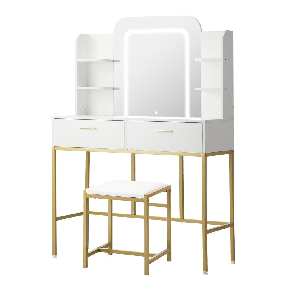 Oikiture Dressing Table Stool Set LED Mirror Vanity Desk White Gold-Dressing Table-PEROZ Accessories