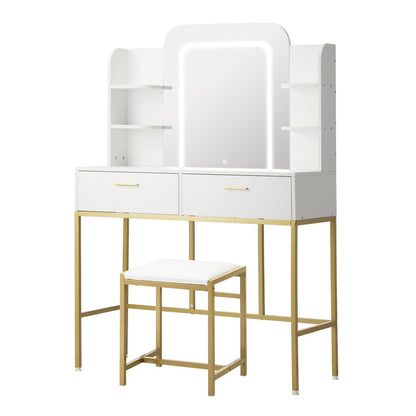 Oikiture Dressing Table Stool Set LED Mirror Vanity Desk White Gold-Dressing Table-PEROZ Accessories