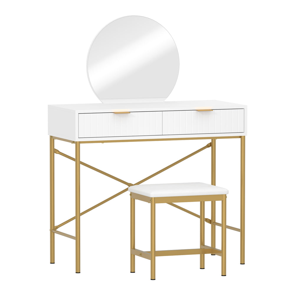 Oikiture Dressing Table Stool Set with Mirror 2 Drawers White &amp; Gold-Dressing Tables-PEROZ Accessories