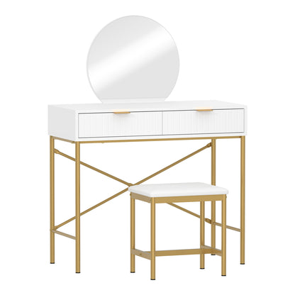 Oikiture Dressing Table Stool Set with Mirror 2 Drawers White &amp; Gold-Dressing Tables-PEROZ Accessories
