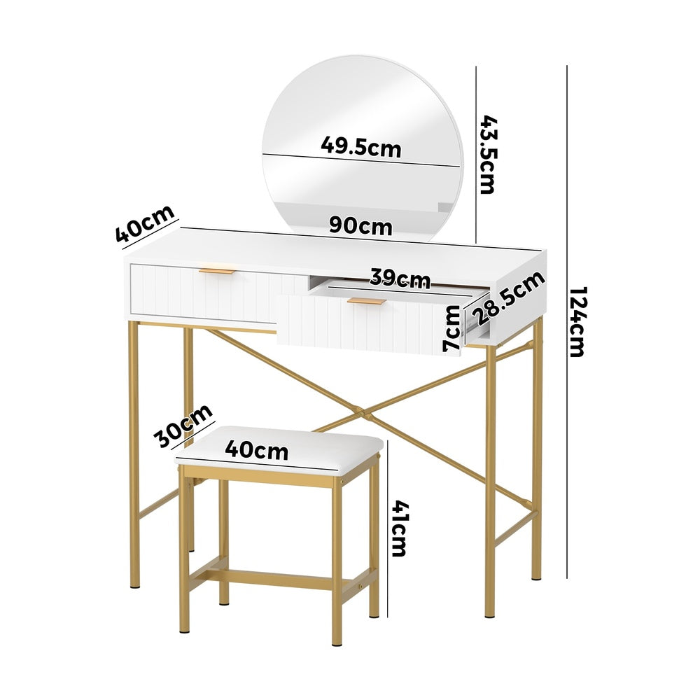 Oikiture Dressing Table Stool Set with Mirror 2 Drawers White &amp; Gold-Dressing Tables-PEROZ Accessories
