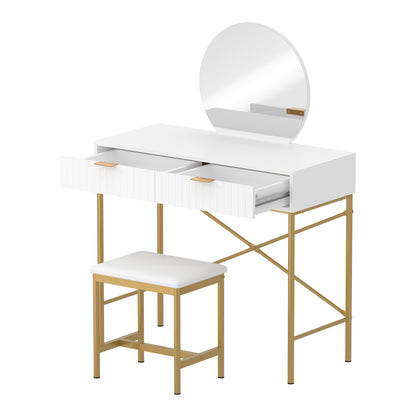 Oikiture Dressing Table Stool Set with Mirror 2 Drawers White &amp; Gold-Dressing Tables-PEROZ Accessories