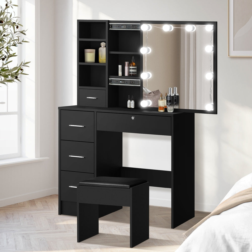 Oikiture Dressing Table Stool Set Makeup Slide Mirror Drawer 10 LED Bulbs Black-Dressing Table-PEROZ Accessories