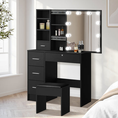 Oikiture Dressing Table Stool Set Makeup Slide Mirror Drawer 10 LED Bulbs Black-Dressing Table-PEROZ Accessories