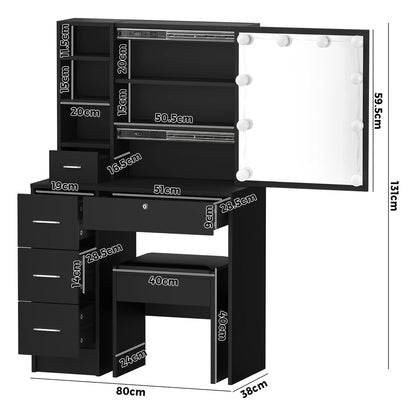 Oikiture Dressing Table Stool Set Makeup Slide Mirror Drawer 10 LED Bulbs Black-Dressing Table-PEROZ Accessories