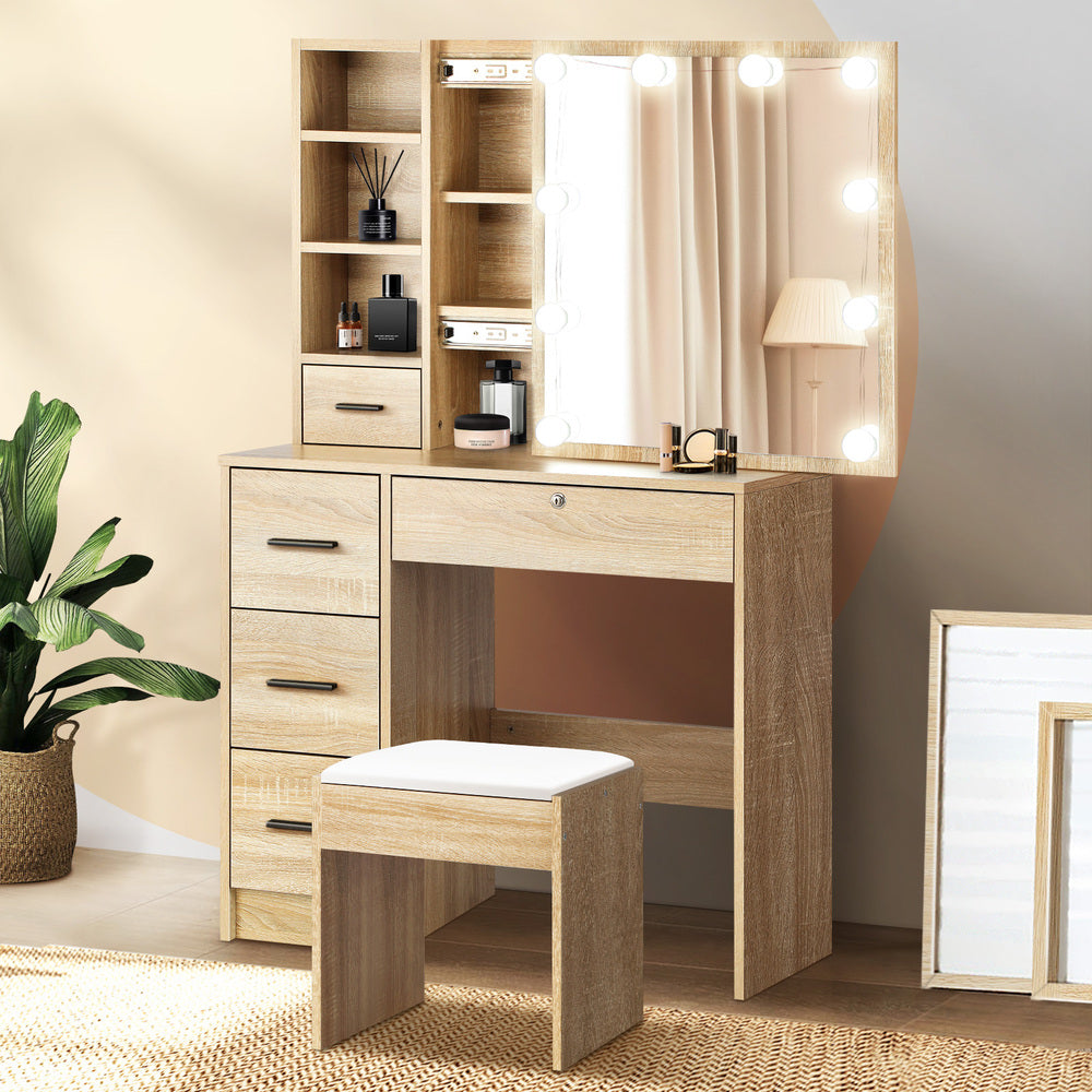 Oikiture Dressing Table Stool Set Makeup Slide Mirror Drawer 10 LED Bulbs Wooden-Dressing Tables-PEROZ Accessories