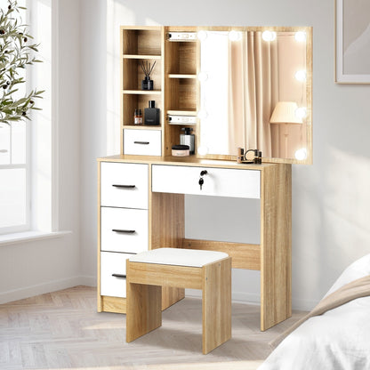Oikiture Dressing Table Stool Set Slide Mirror LED Bulbs Wooden White-Dressing Table-PEROZ Accessories