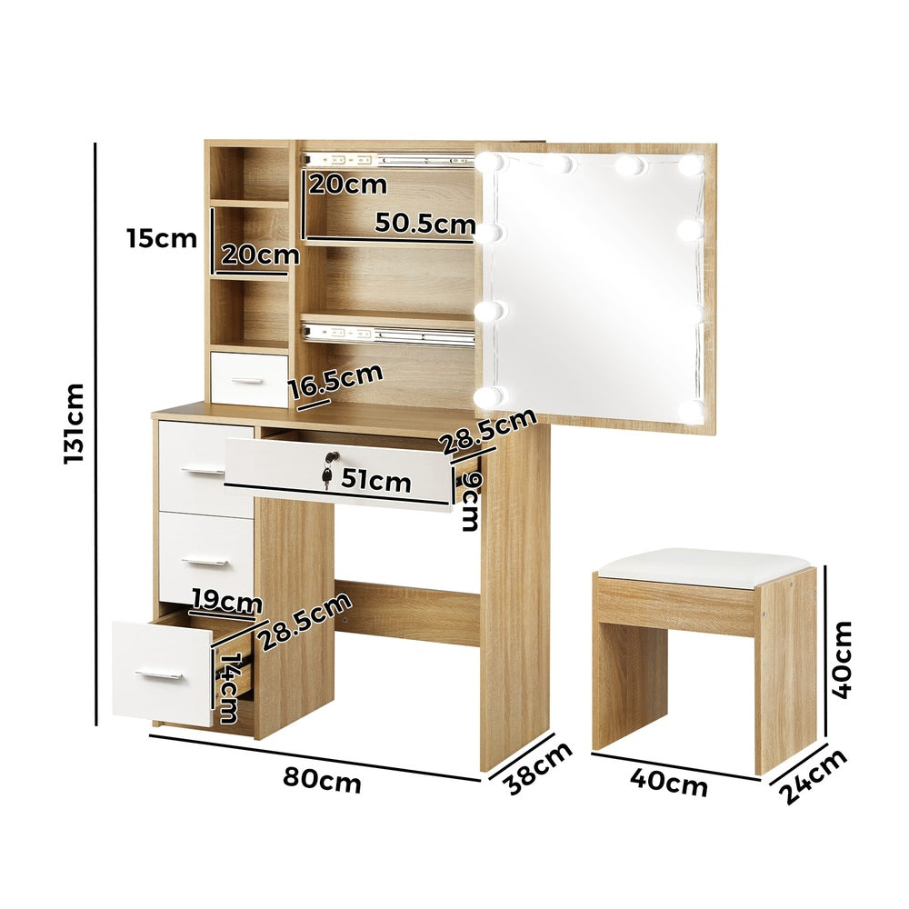 Oikiture Dressing Table Stool Set Slide Mirror LED Bulbs Wooden White-Dressing Table-PEROZ Accessories