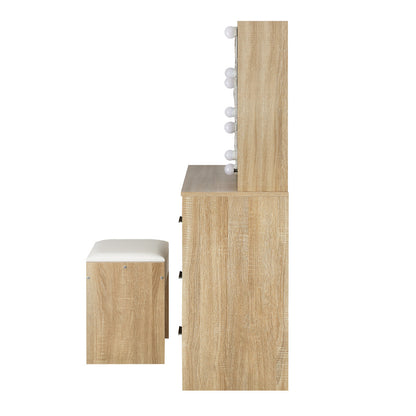 Oikiture Dressing Table Stool Set Slide Mirror LED Bulbs Wooden White-Dressing Table-PEROZ Accessories
