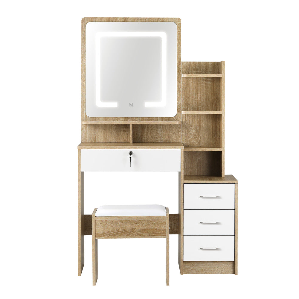 Oikiture Dressing Table Stool Set LED Light Mirror Wooden White-Dressing Table-PEROZ Accessories