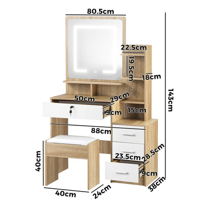 Oikiture Dressing Table Stool Set LED Light Mirror Wooden White-Dressing Table-PEROZ Accessories