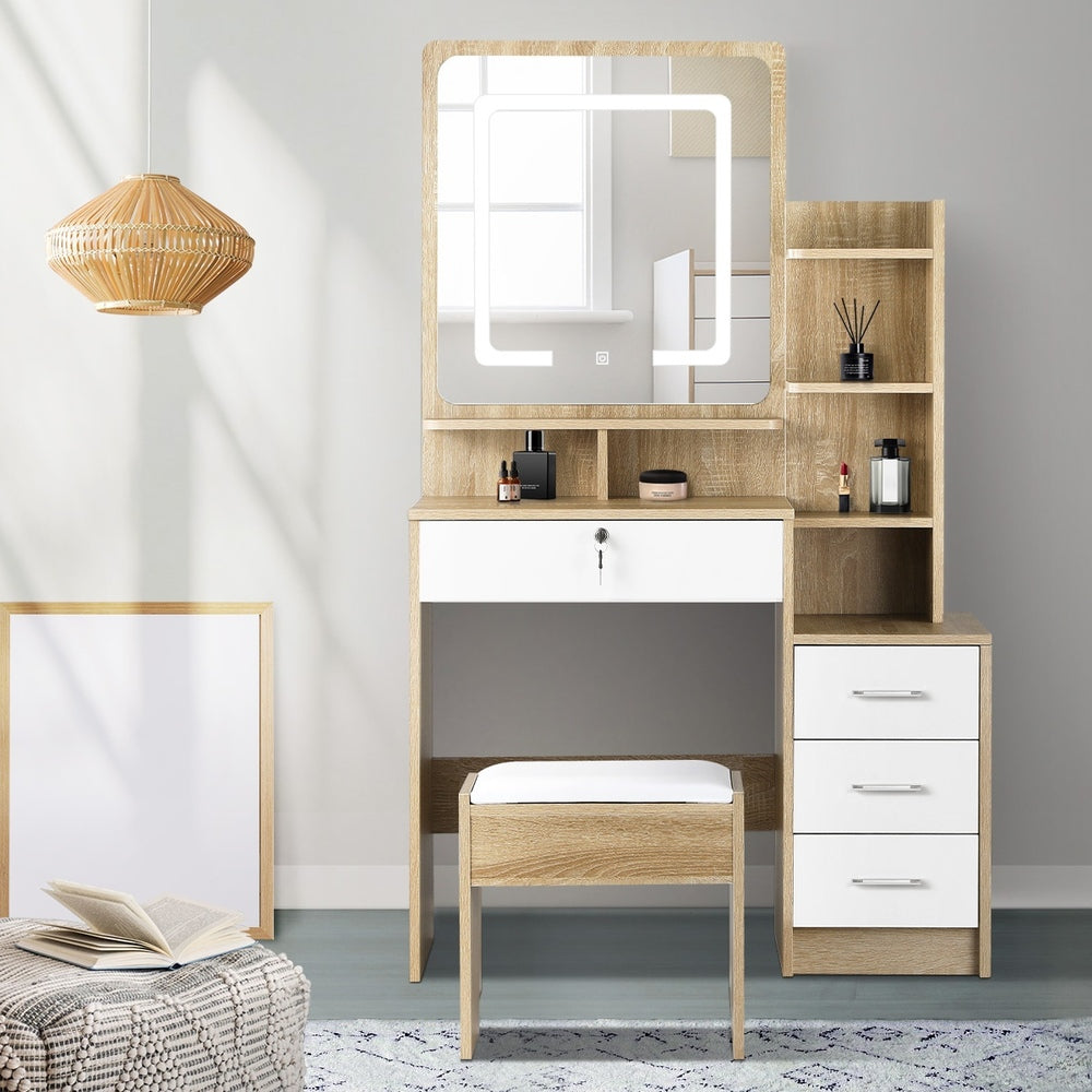 Oikiture Dressing Table Stool Set LED Light Mirror Wooden White-Dressing Table-PEROZ Accessories