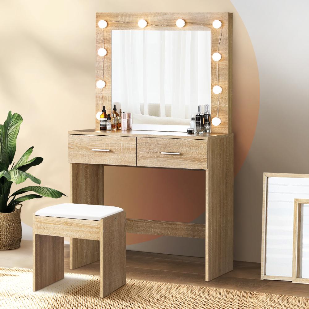 Oikiture Dressing Table Stool Set Makeup Mirror Storage Desk 10 LED Bulbs Wooden-Dressing Tables-PEROZ Accessories