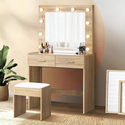 Oikiture Dressing Table Stool Set Makeup Mirror Storage Desk 10 LED Bulbs Wooden-Dressing Tables-PEROZ Accessories