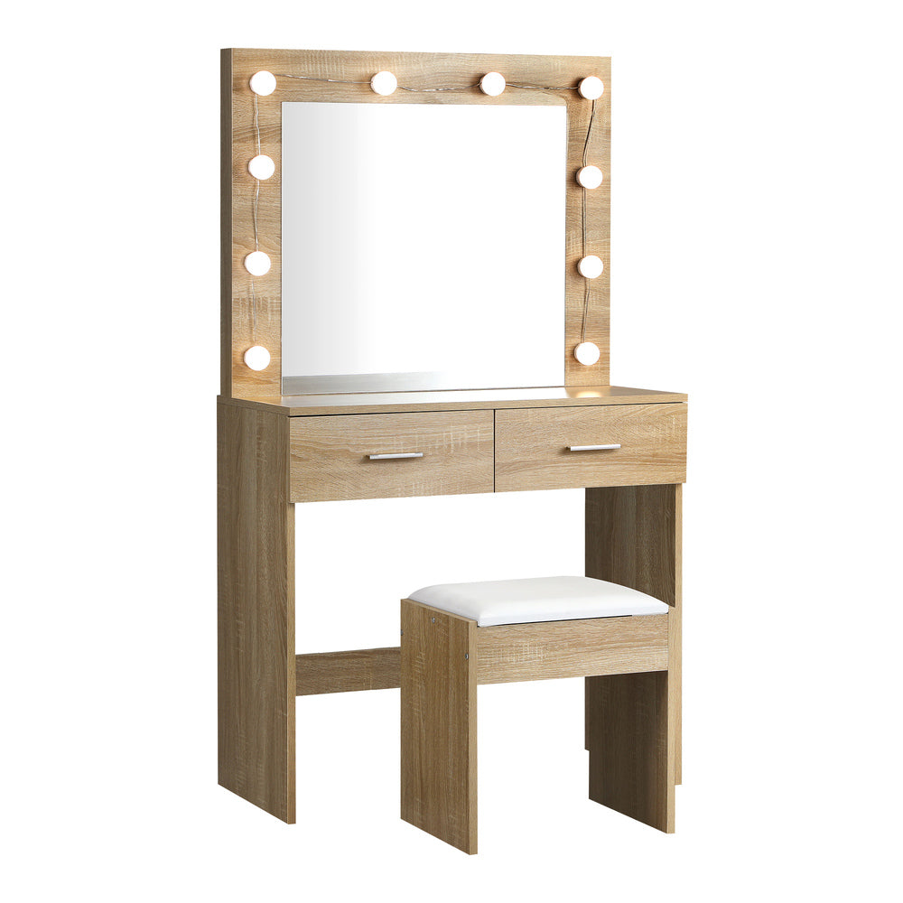 Oikiture Dressing Table Stool Set Makeup Mirror Storage Desk 10 LED Bulbs Wooden-Dressing Tables-PEROZ Accessories