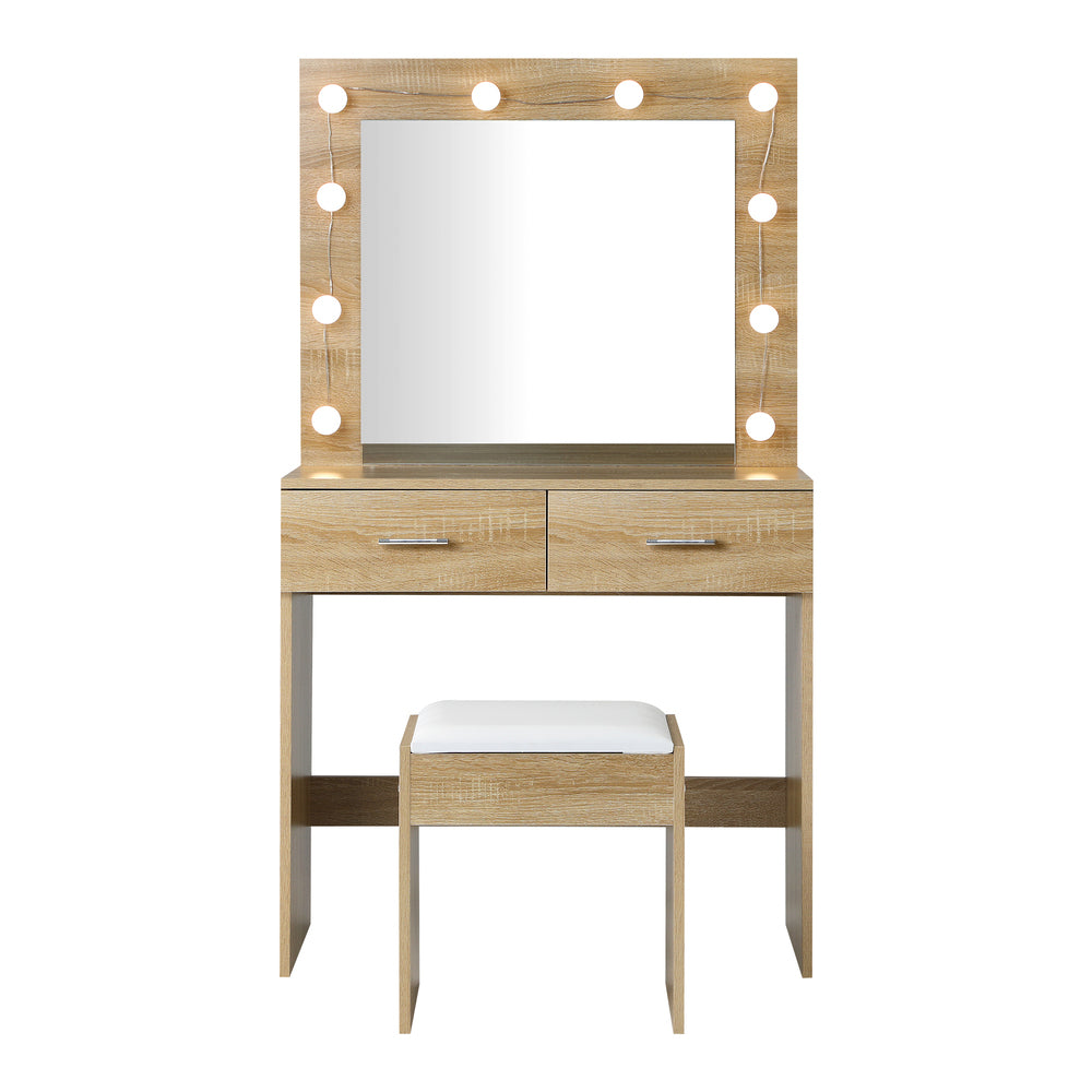 Oikiture Dressing Table Stool Set Makeup Mirror Storage Desk 10 LED Bulbs Wooden-Dressing Tables-PEROZ Accessories