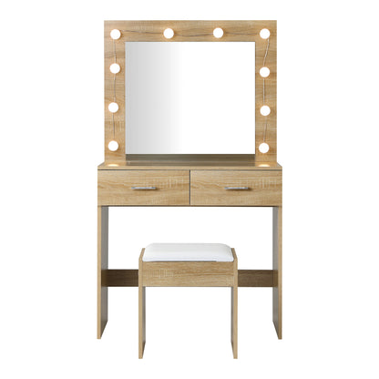 Oikiture Dressing Table Stool Set Makeup Mirror Storage Desk 10 LED Bulbs Wooden-Dressing Tables-PEROZ Accessories