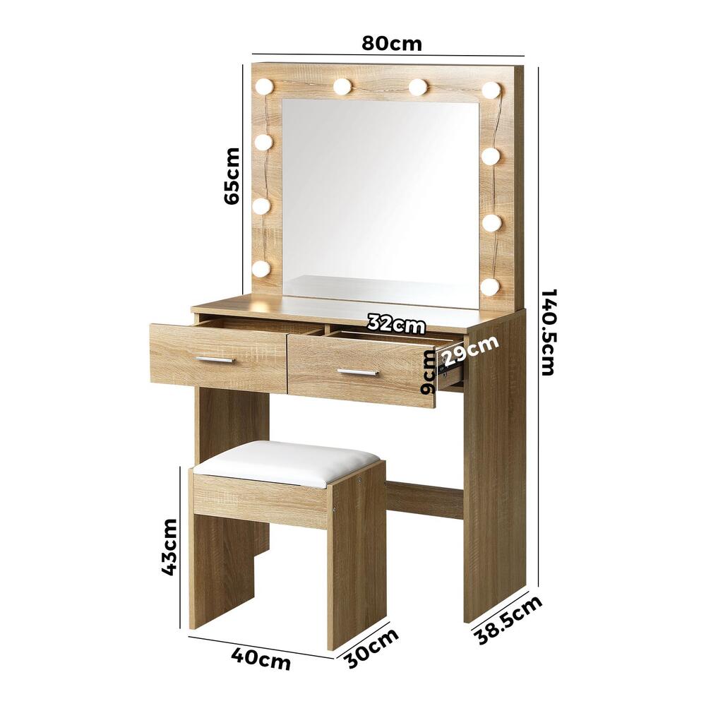 Oikiture Dressing Table Stool Set Makeup Mirror Storage Desk 10 LED Bulbs Wooden-Dressing Tables-PEROZ Accessories