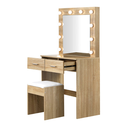 Oikiture Dressing Table Stool Set Makeup Mirror Storage Desk 10 LED Bulbs Wooden-Dressing Tables-PEROZ Accessories
