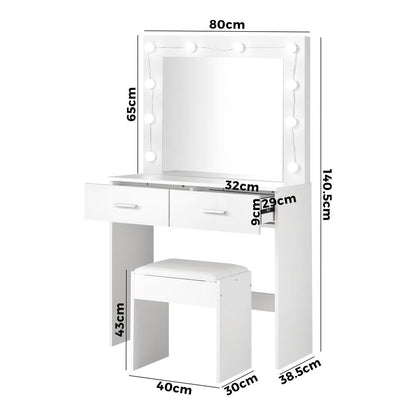 Oikiture Dressing Table Stool Set Makeup Mirror Storage Desk 10 LED Bulbs White-Dressing Tables-PEROZ Accessories