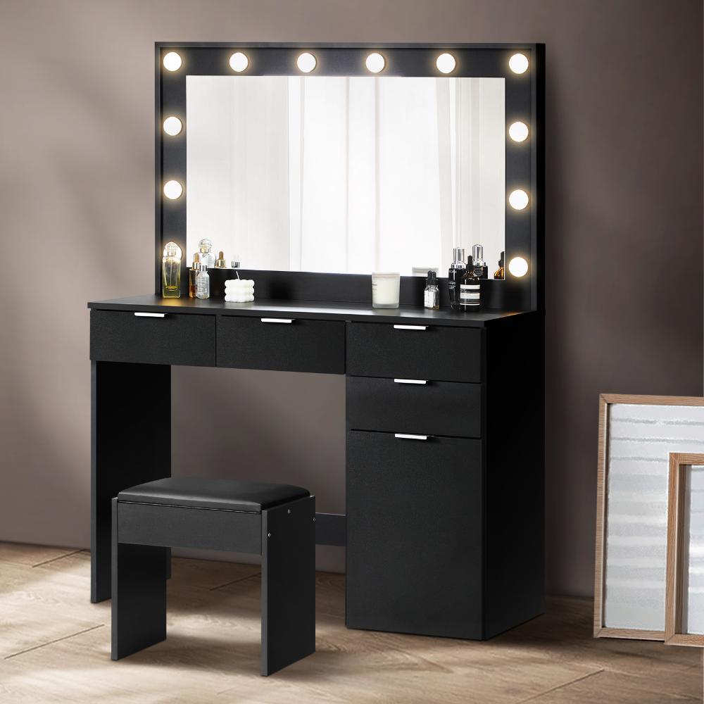 Oikiture Dressing Table Stool Set Makeup Large Mirror Dresser 12 LED Bulbs Black-Dressing Tables-PEROZ Accessories