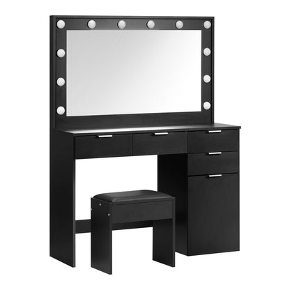 Oikiture Dressing Table Stool Set Makeup Large Mirror Dresser 12 LED Bulbs Black-Dressing Tables-PEROZ Accessories