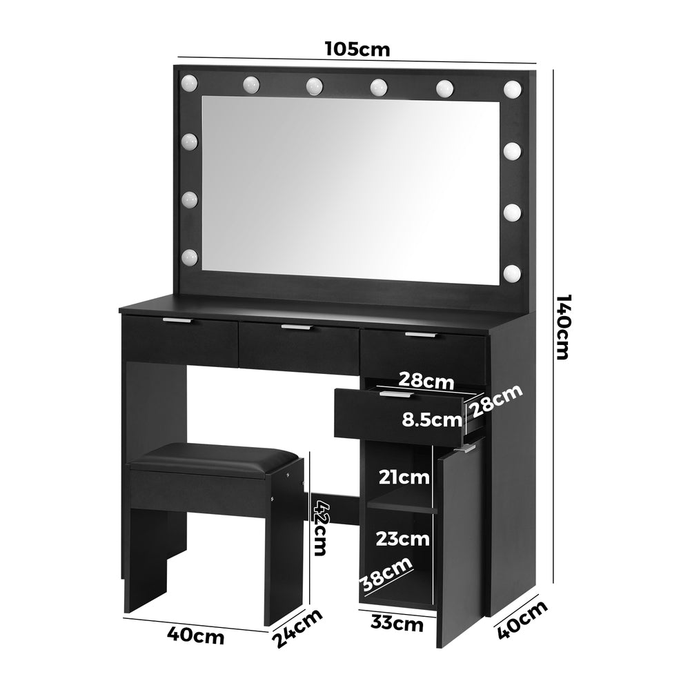 Oikiture Dressing Table Stool Set Makeup Large Mirror Dresser 12 LED Bulbs Black-Dressing Tables-PEROZ Accessories