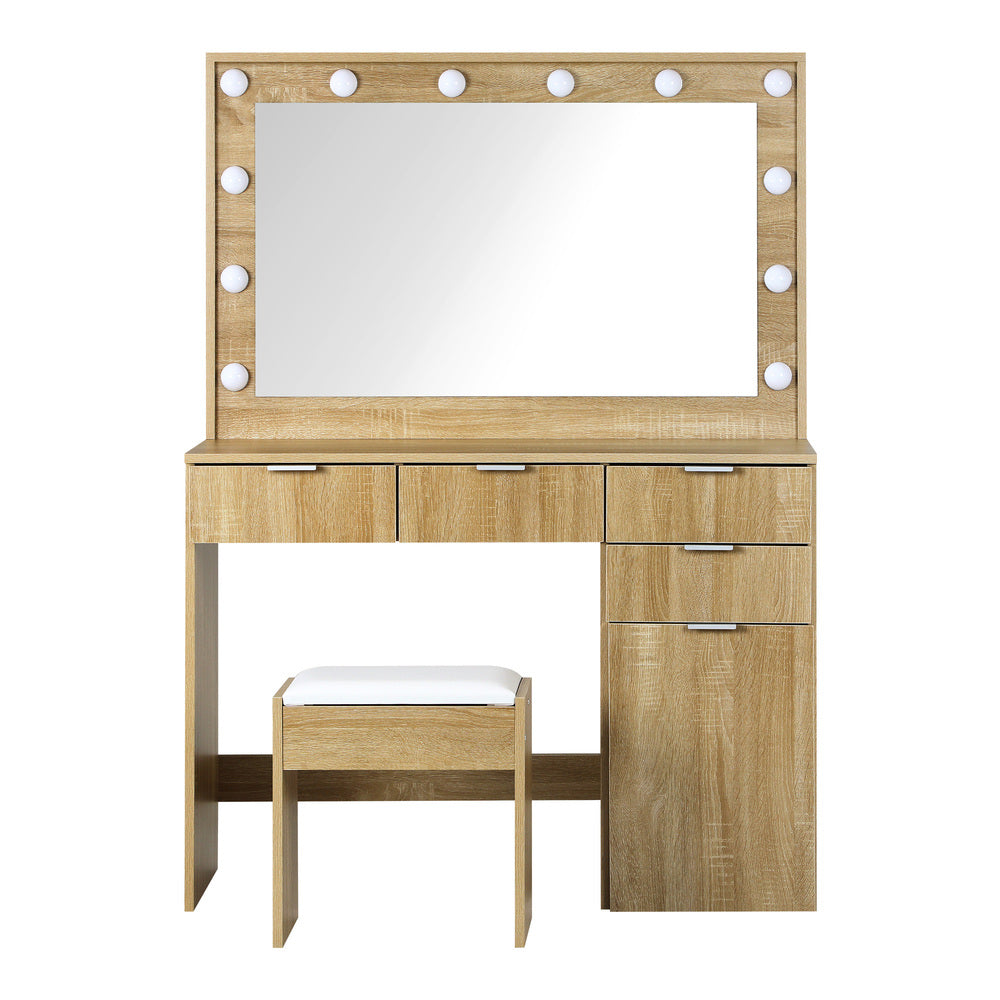 Oikiture Dressing Table Stool Set Makeup Large Mirror Dresser 12 LED Bulbs Oak-Dressing Tables-PEROZ Accessories