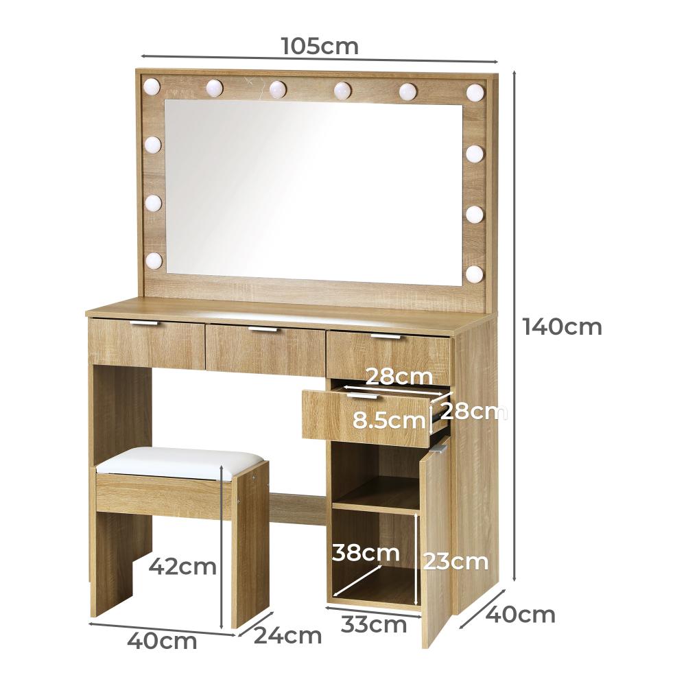 Oikiture Dressing Table Stool Set Makeup Large Mirror Dresser 12 LED Bulbs Oak-Dressing Tables-PEROZ Accessories