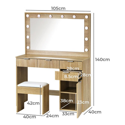 Oikiture Dressing Table Stool Set Makeup Large Mirror Dresser 12 LED Bulbs Oak-Dressing Tables-PEROZ Accessories