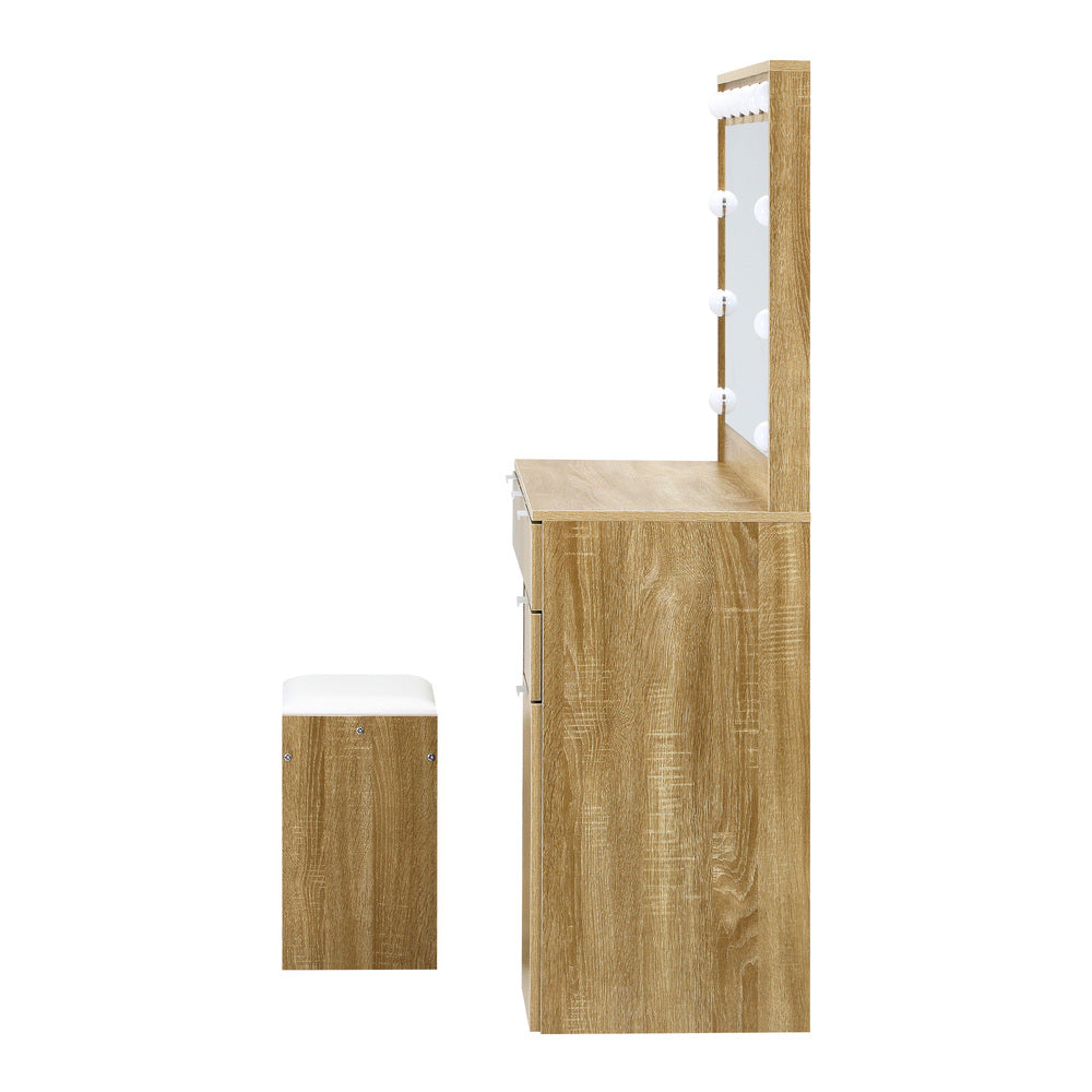 Oikiture Dressing Table Stool Set Makeup Large Mirror Dresser 12 LED Bulbs Oak-Dressing Tables-PEROZ Accessories