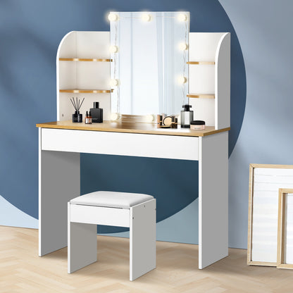 Oikiture Dressing Table Stool Set Makeup Mirror Storage Drawer 10 LED Bulbs-Dressing Tables-PEROZ Accessories