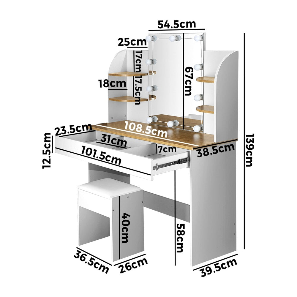 Oikiture Dressing Table Stool Set Makeup Mirror Storage Drawer 10 LED Bulbs-Dressing Tables-PEROZ Accessories