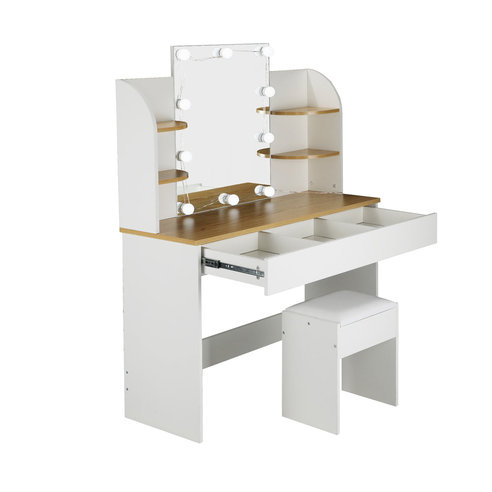 Oikiture Dressing Table Stool Set Makeup Mirror Storage Drawer 10 LED Bulbs-Dressing Tables-PEROZ Accessories