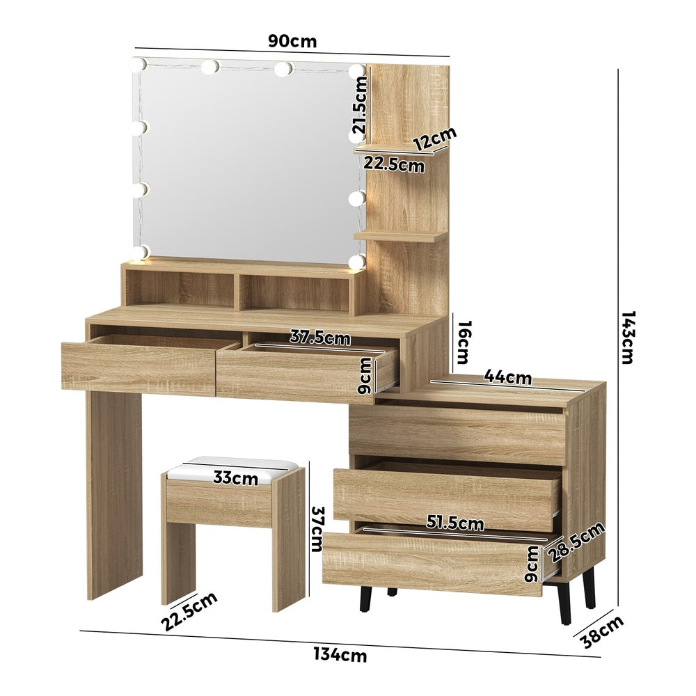 Oikiture Dressing Table Stool Set 10 LED Bulbs Natural-Dressing Table-PEROZ Accessories