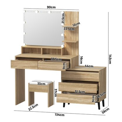 Oikiture Dressing Table Stool Set 10 LED Bulbs Natural-Dressing Table-PEROZ Accessories