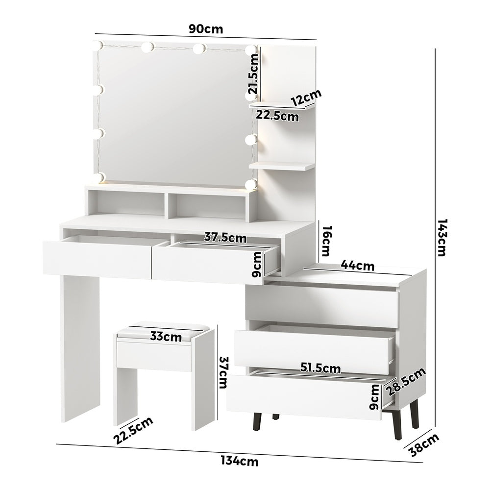 Oikiture Dressing Table Stool Set 10 LED Bulbs White-Dressing Table-PEROZ Accessories