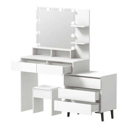 Oikiture Dressing Table Stool Set 10 LED Bulbs White-Dressing Table-PEROZ Accessories