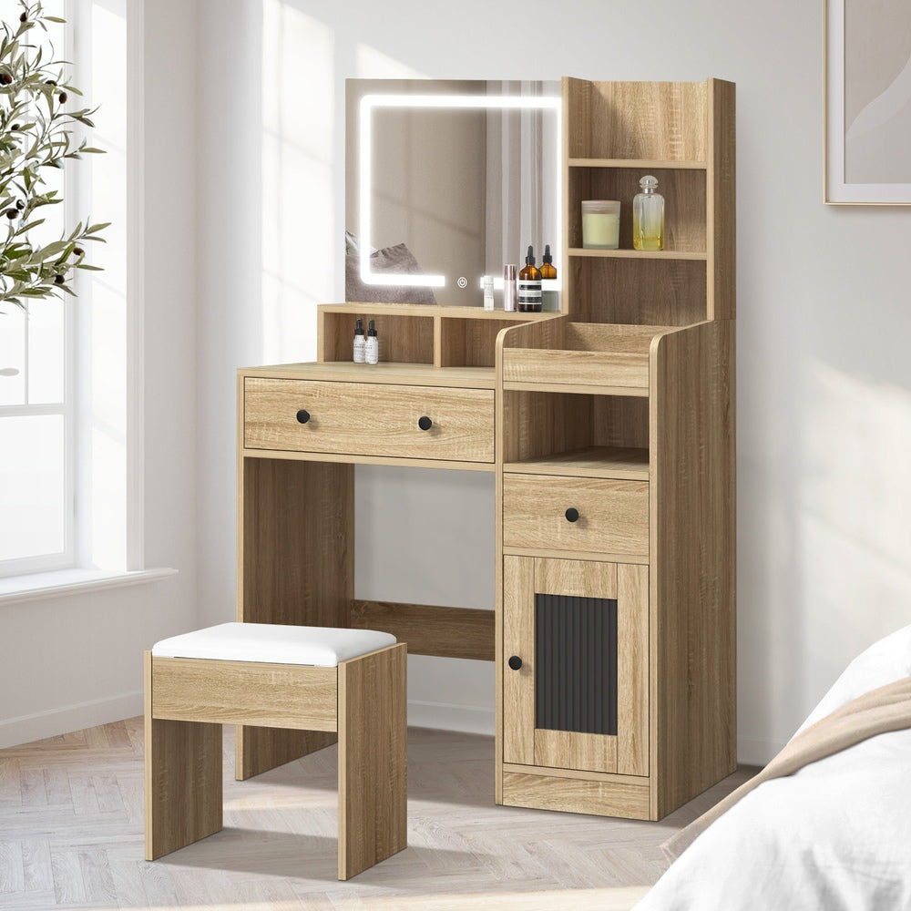 Oikiture Dressing Table Stool Set LED Light Natural-Dressing Table-PEROZ Accessories